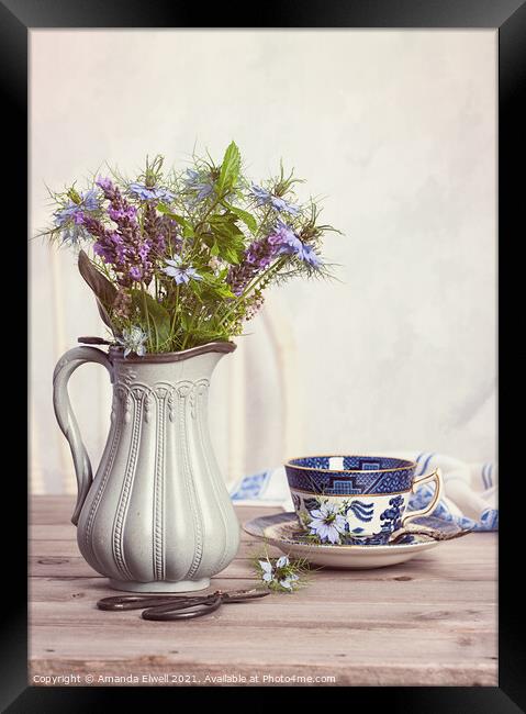 Flowers In Antique Jug With Teacup Framed Print by Amanda Elwell
