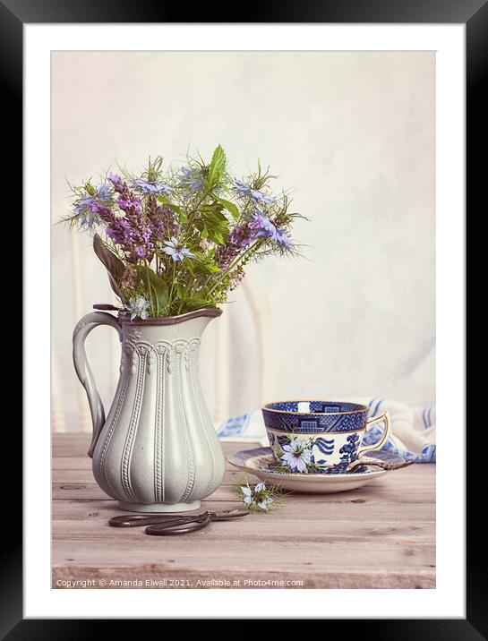 Flowers In Antique Jug With Teacup Framed Mounted Print by Amanda Elwell