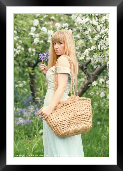Woman With Basket In Spring Blossom Framed Mounted Print by Amanda Elwell