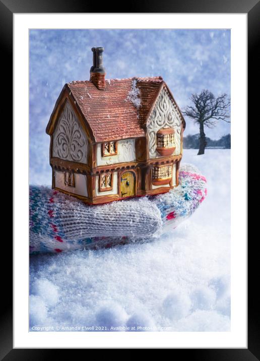 Winter Cottage In Gloved Hand Framed Mounted Print by Amanda Elwell