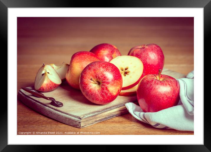 Red Apples On Rustic Chopping Board Framed Mounted Print by Amanda Elwell