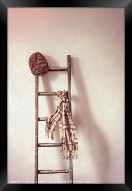 Flat Cap & Scarf On Rustic Ladder Framed Print by Amanda Elwell