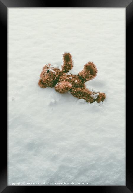 Teddy Bear In Snow Framed Print by Amanda Elwell