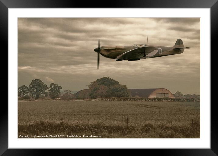 Mark 1 Supermarine Spitfire Flying Past Hanger Framed Mounted Print by Amanda Elwell