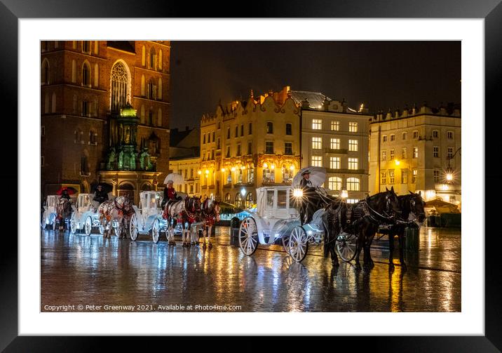White Horse Drawn Carriages In The Old Town Square, Krakow, Poland Framed Mounted Print by Peter Greenway