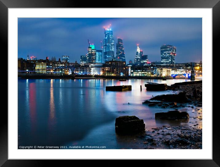 London Skyline from River Thames Shore at Nighttime Framed Mounted Print by Peter Greenway
