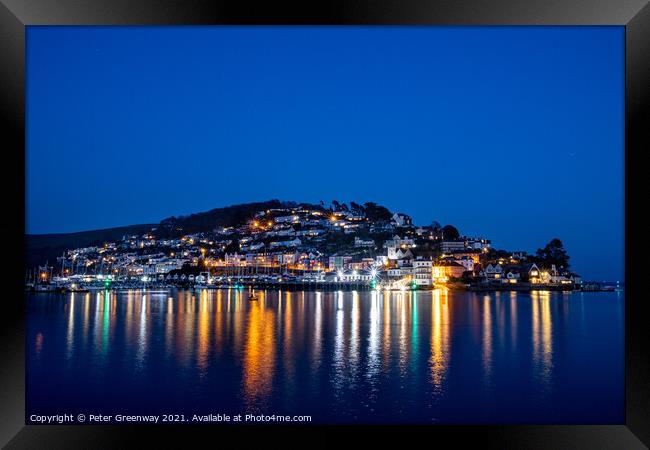 Lights On Houses In Kingswear, Dartmouth Harbour, Devon Framed Print by Peter Greenway