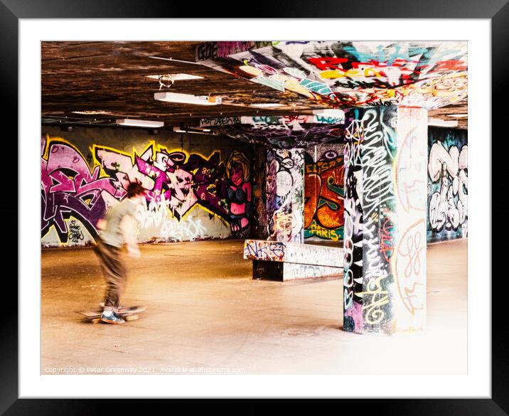 Skateboarding In London's Southbank Underpass Skateboard Park Framed Mounted Print by Peter Greenway