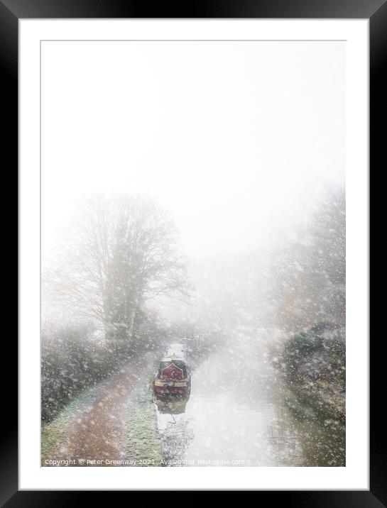 Canal Boat At Thrupp Amidst A Snow Flurry In Winter Framed Mounted Print by Peter Greenway