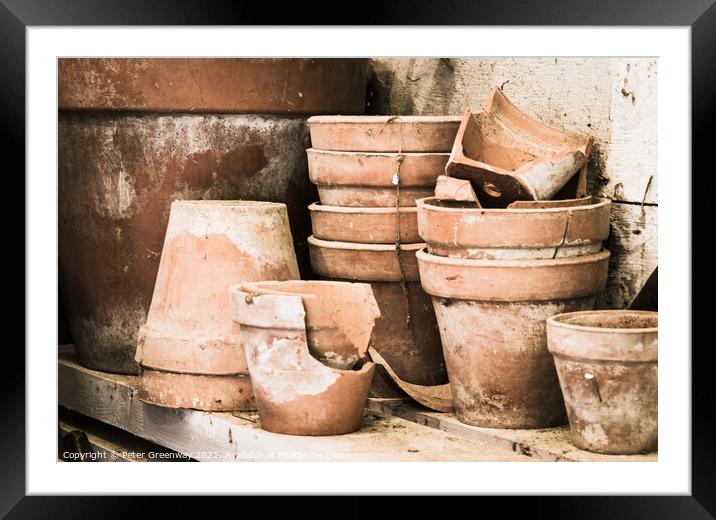 Gardeners Shed Flowerpots Framed Mounted Print by Peter Greenway