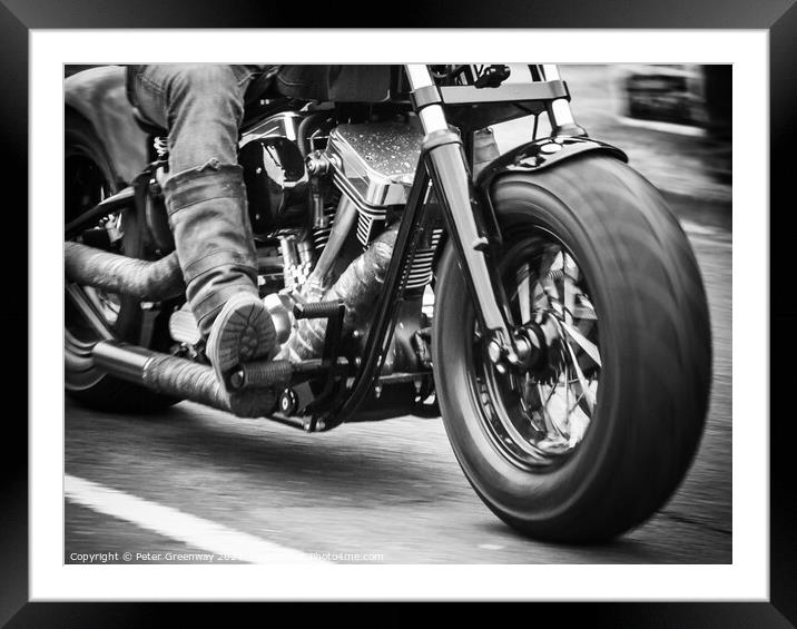 Hells Angel Riding A Harley Davidson Motorcycle Framed Mounted Print by Peter Greenway