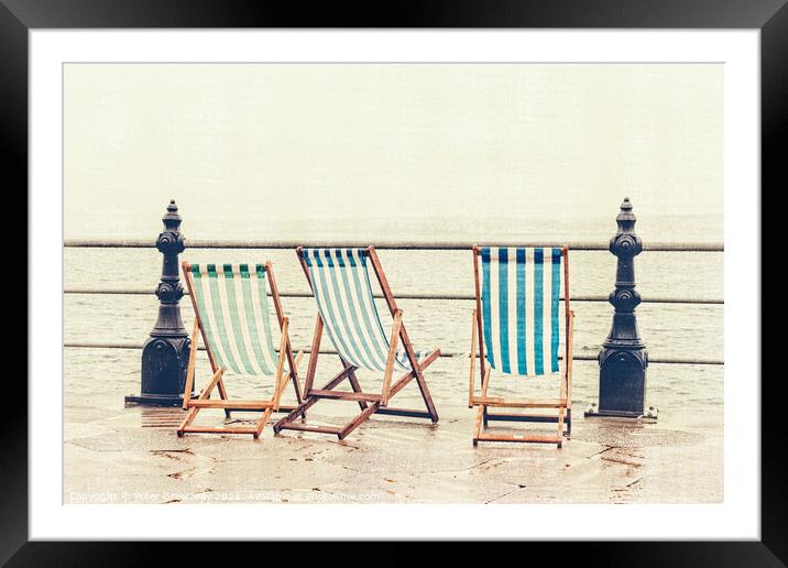 Deckchairs In The Rain At Torquay Framed Mounted Print by Peter Greenway