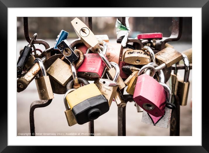 Lovers Padlocks Attached To A Gate Framed Mounted Print by Peter Greenway