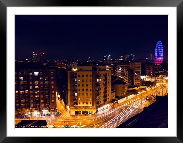 Traffic Light Trails Through Barcelona At Night Framed Mounted Print by Peter Greenway