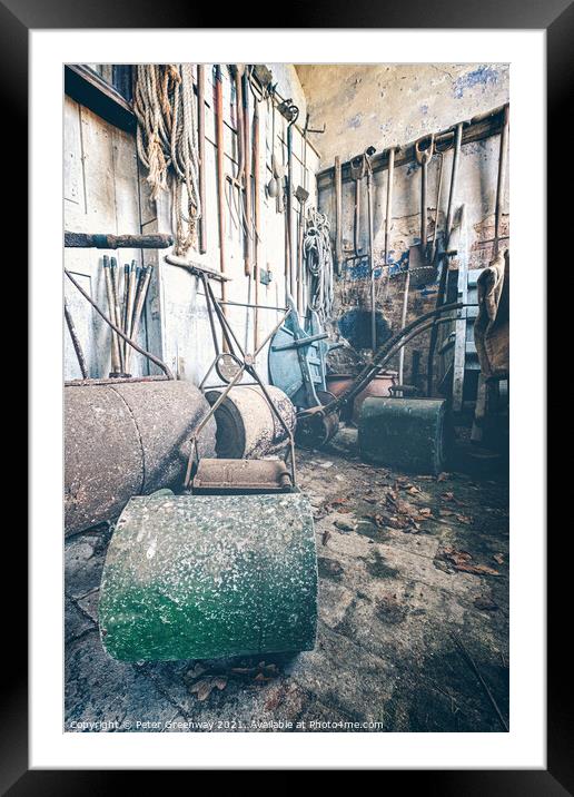 Vintage Hand Powered Lawn Rollers in Garden Shed Framed Mounted Print by Peter Greenway