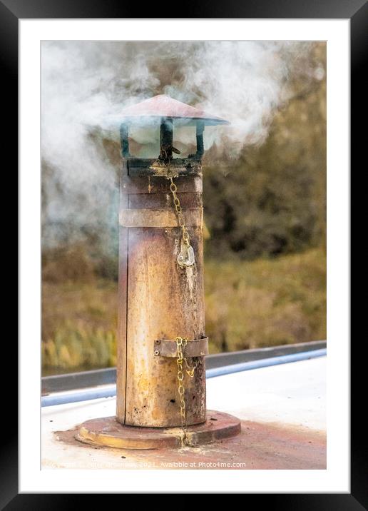 Smoke Coming Out Of A Canal Boat Chimney On A Winters Afternoon Framed Mounted Print by Peter Greenway