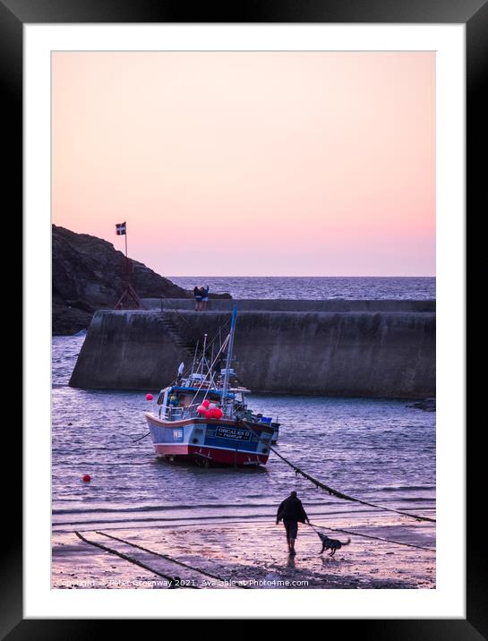Man Playing With His Dog At Port Issac Beach At Sunset Framed Mounted Print by Peter Greenway