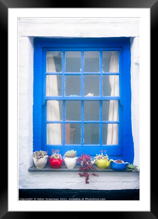 Seaside Cottage Blue Window Complete With Teapot Vases Framed Mounted Print by Peter Greenway