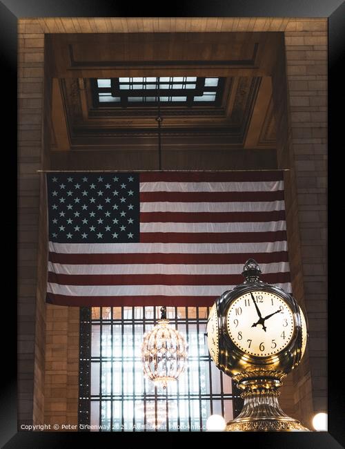 Grand Central Station in New York City - Iconic Clock and USA Flag Framed Print by Peter Greenway
