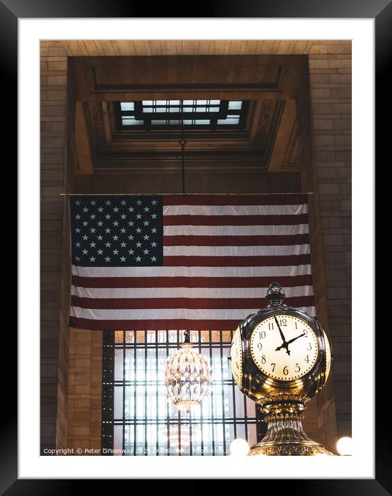 Grand Central Station in New York City - Iconic Clock and USA Flag Framed Mounted Print by Peter Greenway