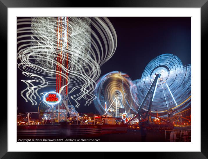 Witney Feast - 'Sky Flyer', 'Cage Rocker' and 'Air' Fairground Rides Framed Mounted Print by Peter Greenway