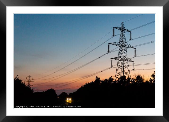 British Electricity Power Pylons At Sunset Framed Mounted Print by Peter Greenway