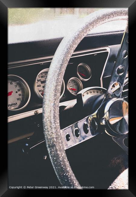 Classic American Car Steering Wheel & Dashboard Framed Print by Peter Greenway