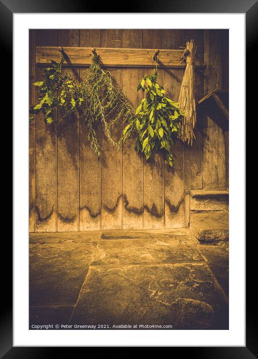 Holly & Herbs Hung Up At Christmas  In An English Country House Framed Mounted Print by Peter Greenway