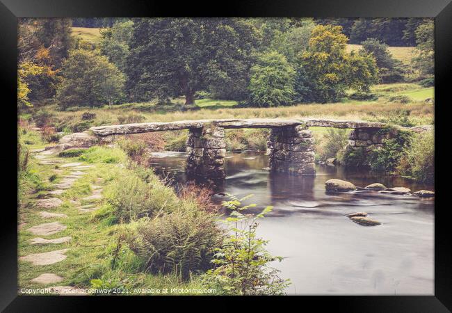 The Ancient 'Clapper Bridge' At Packbridge, Dartmoor, Devon Framed Print by Peter Greenway