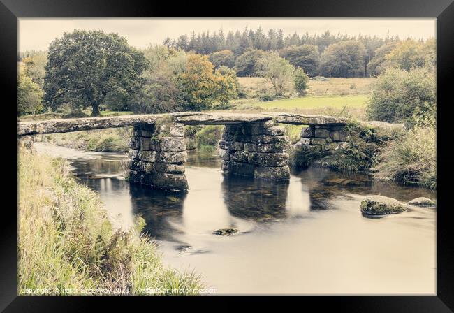 The Ancient 'Clapper Bridge' At Packbridge, Dartmoor, Devon Framed Print by Peter Greenway