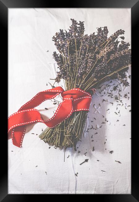Bunches Of Dried Lavender Tied With A Red Ribbon Framed Print by Peter Greenway