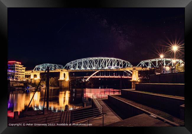 The John Seigenthaler Pedestrian Bridge In Nashville, Tennessee Illuminated At Night Framed Print by Peter Greenway