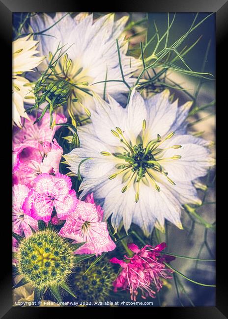 Floral Arrangement Featuring Love-In-A-Mist Flower Framed Print by Peter Greenway