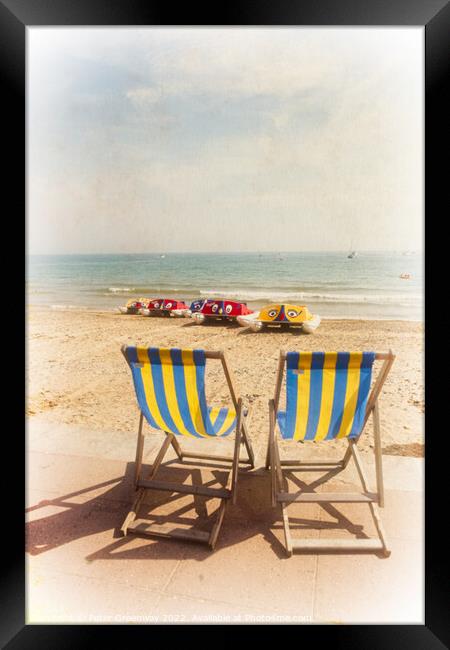 English Seaside Striped Deckchairs Overlooking The Framed Print by Peter Greenway