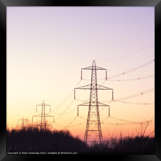 British Power Pylons On A Winters Evening Sunset Framed Print by Peter Greenway