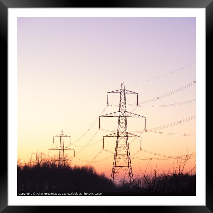 British Power Pylons On A Winters Evening Sunset Framed Mounted Print by Peter Greenway