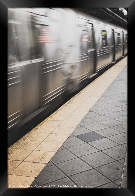 Moving New York City Subway Train Framed Print by Peter Greenway
