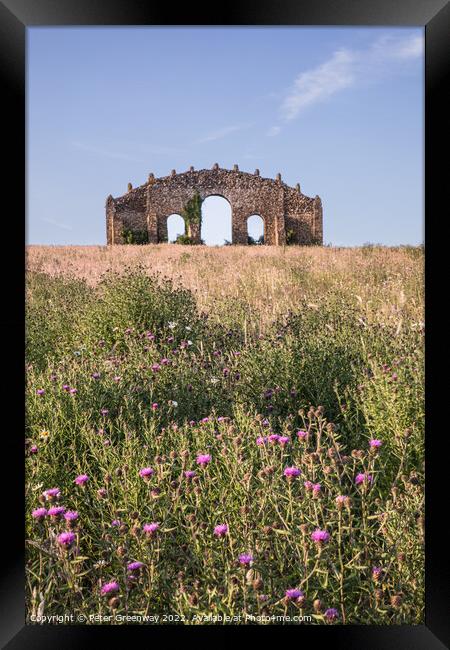 The Rousham Eyecatcher Folly ( Faux Ruin ) On A Summers Evening Framed Print by Peter Greenway