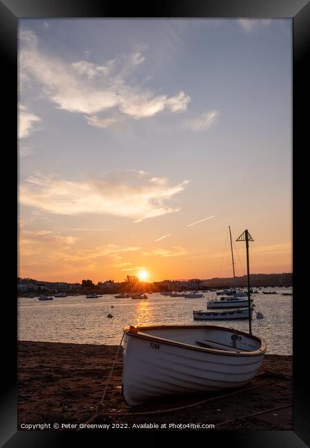 Rowing Gig Moored On Teignmouth's Back Beach At Sunset Framed Print by Peter Greenway