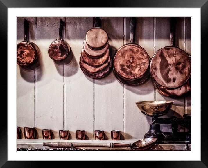 Vintage English Copper Cooking Pots & Pans Hung Up In A Kitchen Framed Mounted Print by Peter Greenway