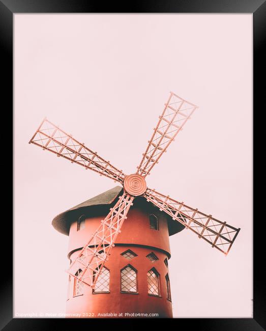 De-Sailed Red Windmill Framed Print by Peter Greenway