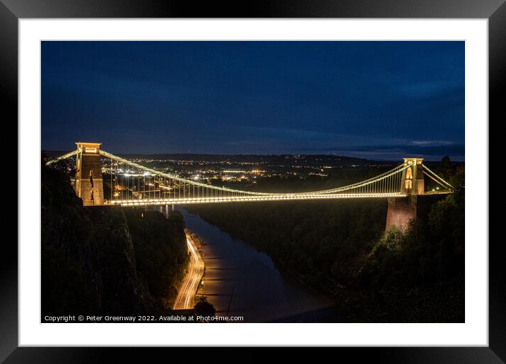 Traffic Light Trails Under The Clifton Suspension Bridge, Avon A Framed Mounted Print by Peter Greenway