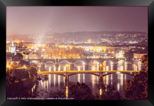 The City Lights Of Prague & The River Vltava From Letna Park Hil Framed Print by Peter Greenway