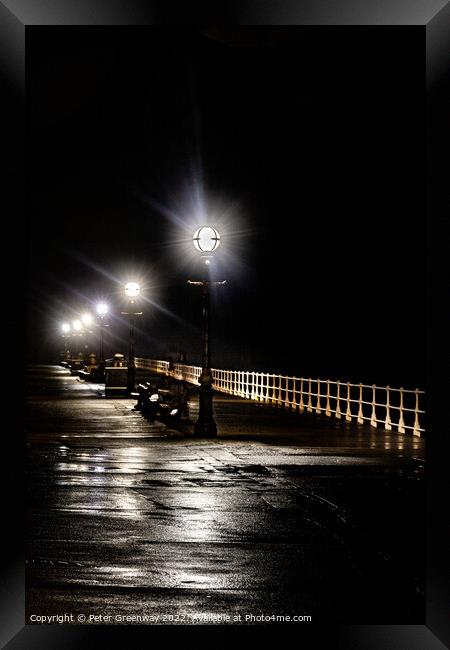 The Promenade Along Whitby Pier At Night Framed Print by Peter Greenway