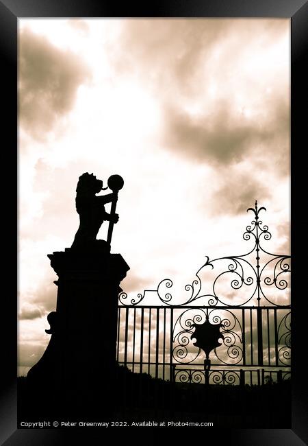 Wraught Iron Garden Gates With A Lion On A Column Framed Print by Peter Greenway