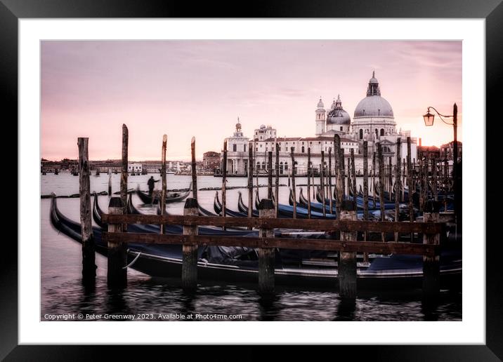 Moored Gondolas At St Marks Square In Venice At Sunset Framed Mounted Print by Peter Greenway