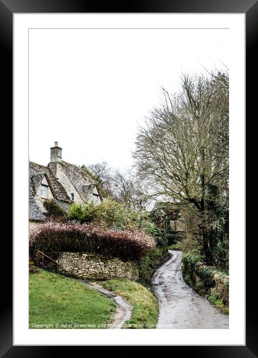 Winding Lane Past Quintessential English Cotswold Cottages In Bi Framed Mounted Print by Peter Greenway