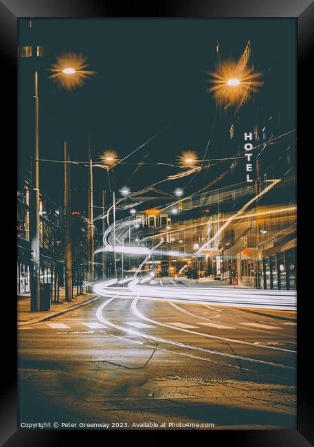 Tram & Traffic Light Trails Through Oslo City Centre Framed Print by Peter Greenway