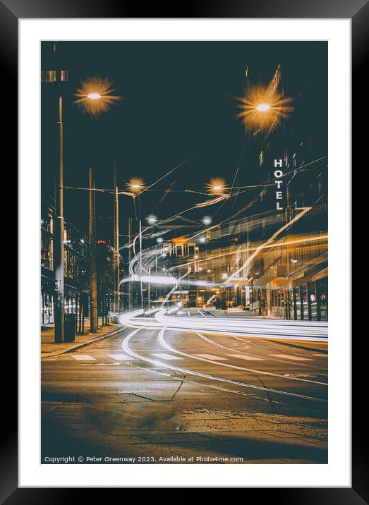 Tram & Traffic Light Trails Through Oslo City Centre Framed Mounted Print by Peter Greenway