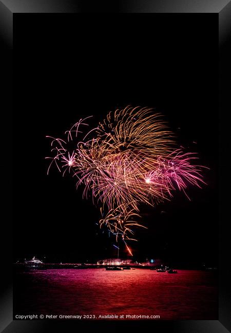 Fireworks Over The Harbour Water In Plymouth Framed Print by Peter Greenway